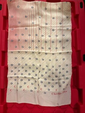 Vintage Christian Dior Logo Scarf in Ivory, cream Blue & Red